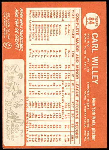 1964 Topps 84 Carlton Willey New York Mets (Baseball Kártya) VG/EX Mets