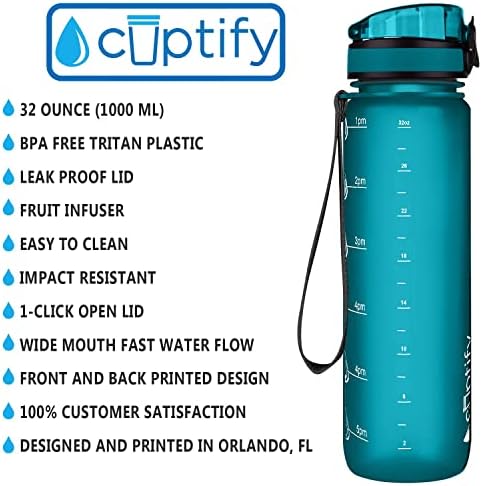 Cuptify Teal Matt 32oz BPA Mentes Víz Üveg Időt Jelölő & Infúzió annak érdekében, hogy Elegendő mennyiségű Vizet Inni Gyors
