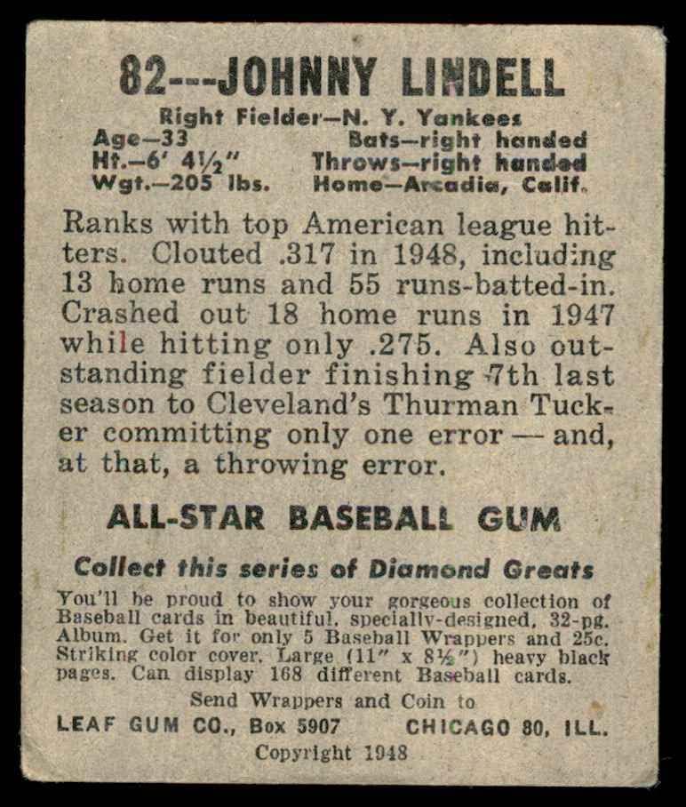 1948 Levél 82 Johnny Lindell New York Yankees (Baseball Kártya) VG Yankees