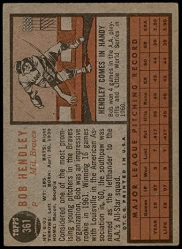 1962 Topps 361 Bob Hendley Milwaukee Bátrabbak (Baseball Kártya) JÓ Bátrabbak