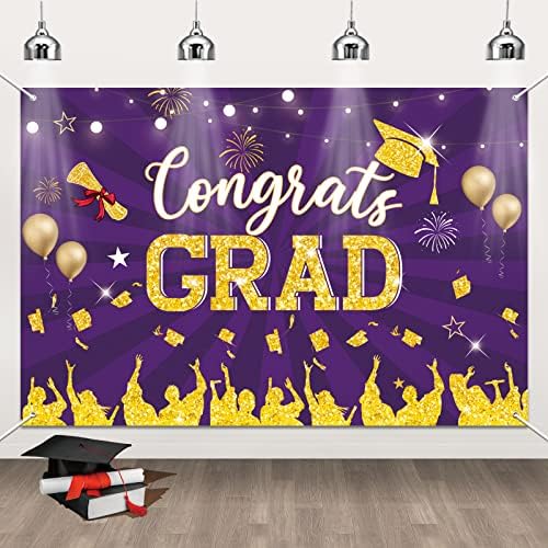 Congrats Grad Hátteret, Banner, Nagy Lila Érettségi Érettségi Fél Beszállítókkal Dekorációk, Érettségi Gratulálok Banner
