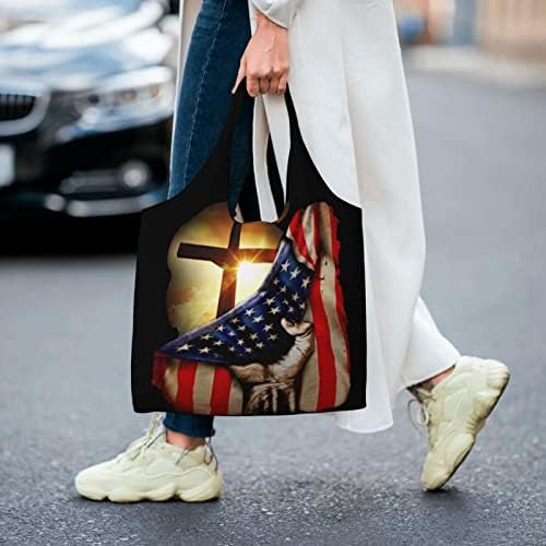 Amerikai Kereszténység Kereszt Hazafias Zászló Vászon Váll Tote Bags Újrahasznosítható Táskákat Bevásárló Táska Napi Nők,
