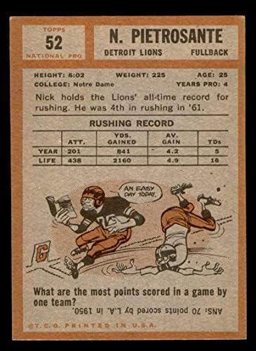 1962 Topps 52 Nick Pietrosante Detroit Lions (Foci Kártya) EX Oroszlánok Notre Dame