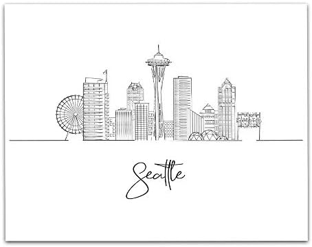 TJ Eredeti Seattle, Washington Városra Táj Kézzel Illusztrált Skyline Wall Art Dekor - Keretben 11 x 14 Fekete-Fehér Nyomtatás