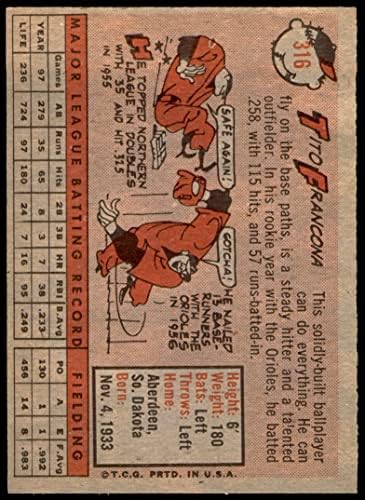 1958 Topps 316 Tito Francona Chicago White Sox (Baseball Kártya) EX/MT White Sox