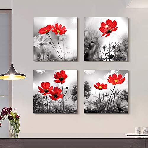A Wall art 4Panel Modern Szalon Téma Fekete-Fehér Növényt, A piros virág, Virág, Absztrakt Festmény csendélet Vászon Wall
