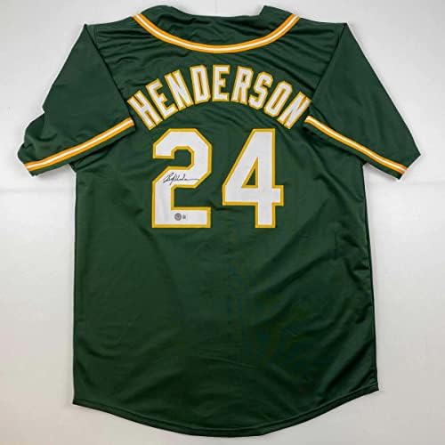 Dedikált/Aláírt Rickey Henderson Oakland Zöld Baseball Jersey Beckett BAS COA