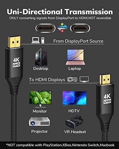 KELink DisplayPort HDMI 4K Kábel 6FT, [Alumínium Shell, Fonott Nylon] nagysebességű (1440P 60Hz, 1080P 120Hz) Uni-Directional