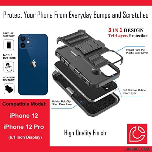 Ohiya Esetben Kompatibilis az iPhone 12 [Katonai szintű Védelem, Ütésálló, nagy teherbírású Állvány Védő Tok Fekete burkolata]