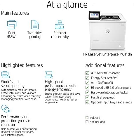 HP LaserJet Enterprise M611dn fekete-Fehér Nyomtató, beépített Ethernet & 2-oldalas nyomtatás (7PS84A) Fehér