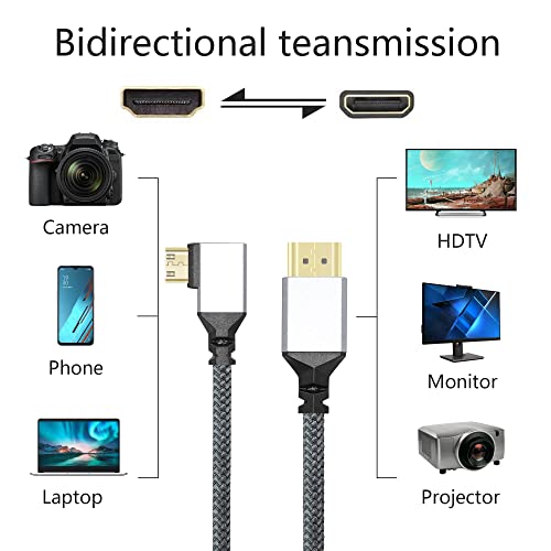 RIIEYOCA 4K Mini HDMI-HDMI Adapter Kábel,90 Fokos, derékszögű, Mini HDMI Male-HDMI Férfi Alumínium Rövid Fonott Nylon Kábel,Támogatja