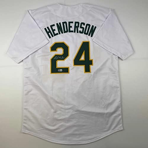Dedikált/Aláírt Rickey Henderson Oakland Fehér Baseball Jersey Beckett BAS COA