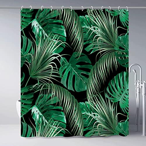Tavaszi Zöld Levelek zuhanyfüggöny Trópusi Növény, Pálma Monstera Fekete Háttér Nyári Dzsungel Botanikus Festői Fürdőszoba